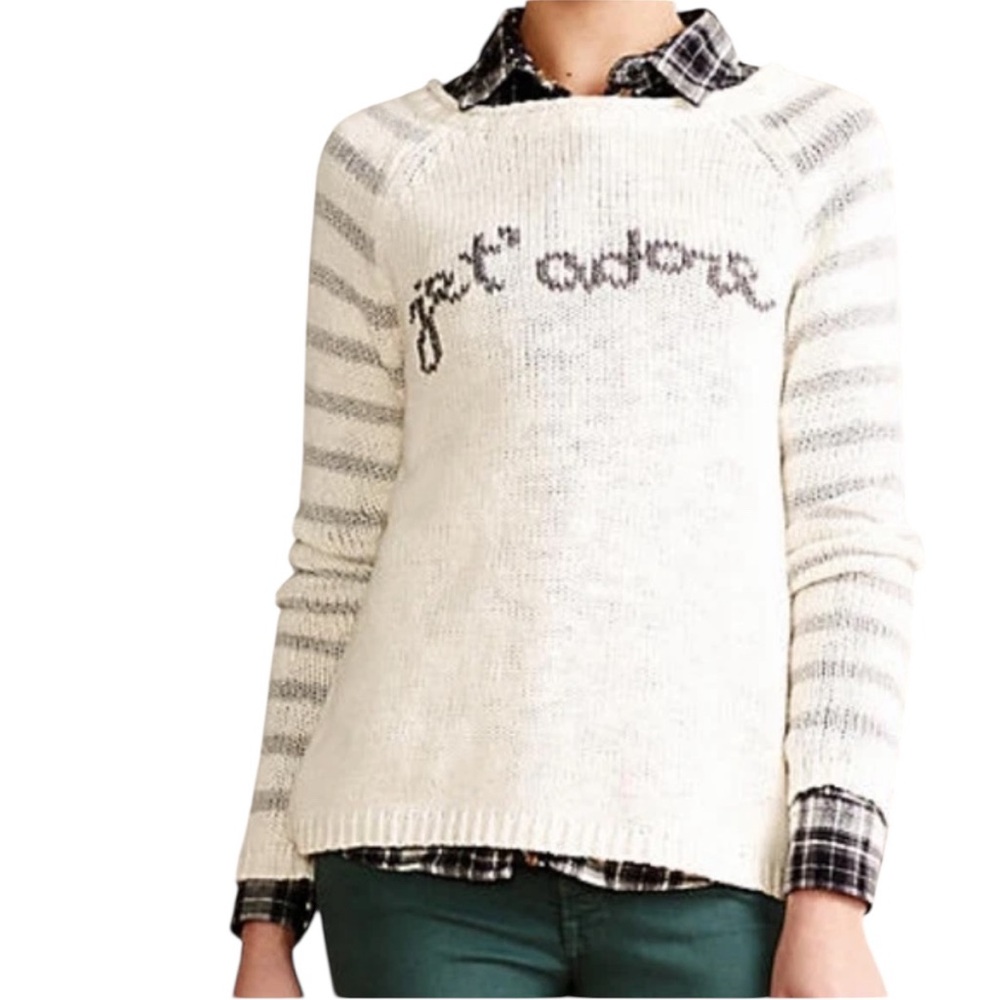 Anthropologie Moth Je T’adore French Cream Cotton Gray Metallic Stripe Sweater S